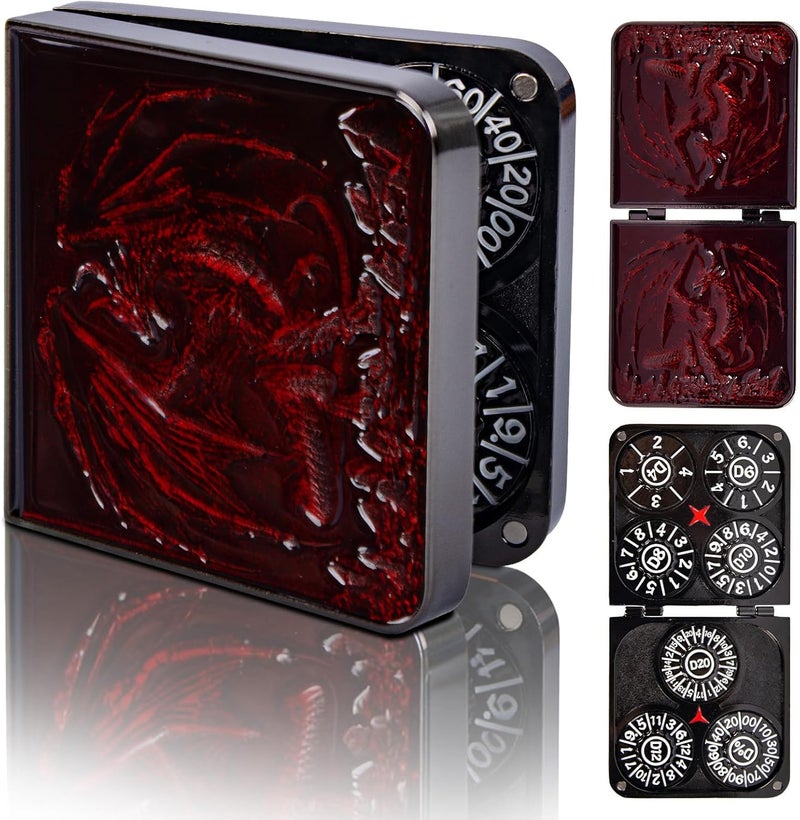 Luazuri Store 7-in-1 DND Pocket Spinner Dice Set, Foldable Flip Dice with Delicate Dragon Iron Box, Compact Dice Set for DND Role-Playing Games Fans (Red) - Image 1